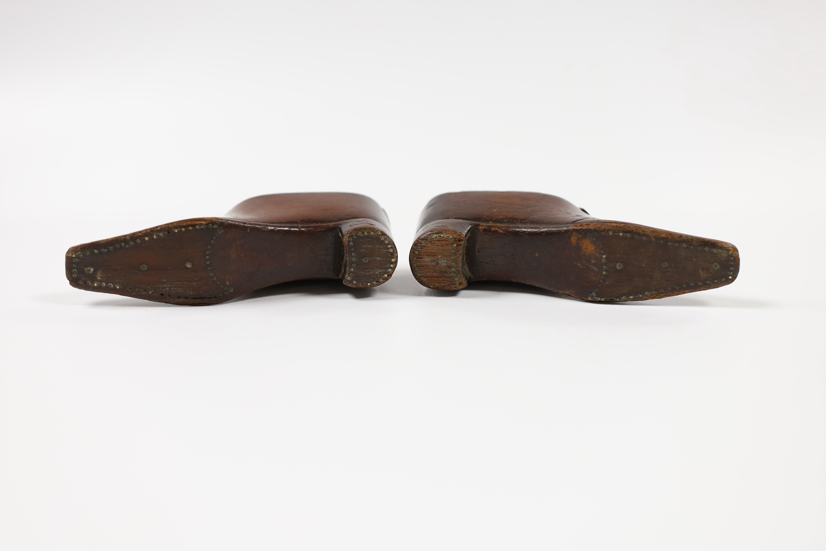 A pair of George III mahogany and pique snuff boots, 10cm wide